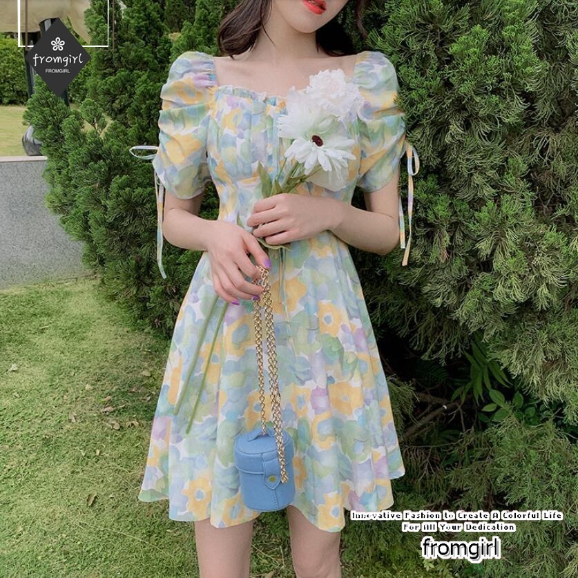Đầm ngắn tay cổ vuông eo cao in hoa thời trang hè kiểu Pháp mới năm 2021