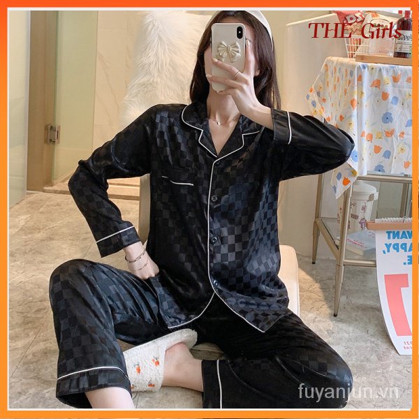 Bộ Đồ Ngủ Lụa Tay Dài Quần Hai Mảnh Đen Mùa Xuân Và Mùa Thu Lụa Đồ Ngủ Hai Mảnh