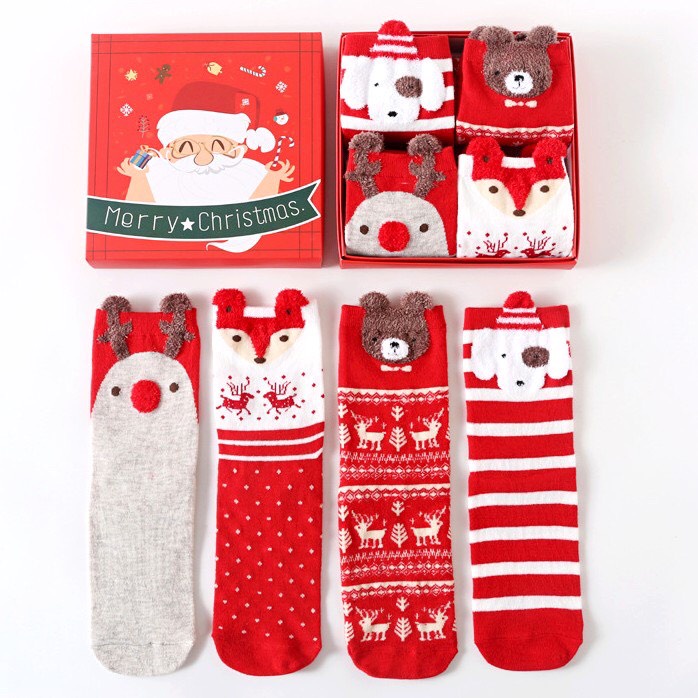 Set 2, 4 đôi tất len NOEL/ GIÁNG SINH, 3 chiều, cao cổ đến mắt cá chân dày dặn gam màu ấm áp