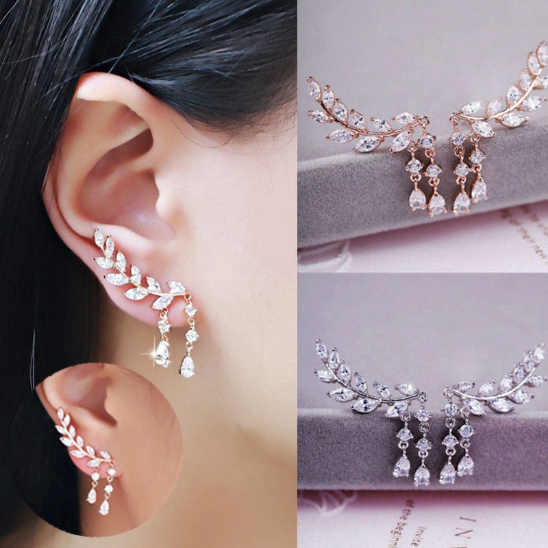 Khuyên tai chuỗi hình lá đính đá zircon sang trọng