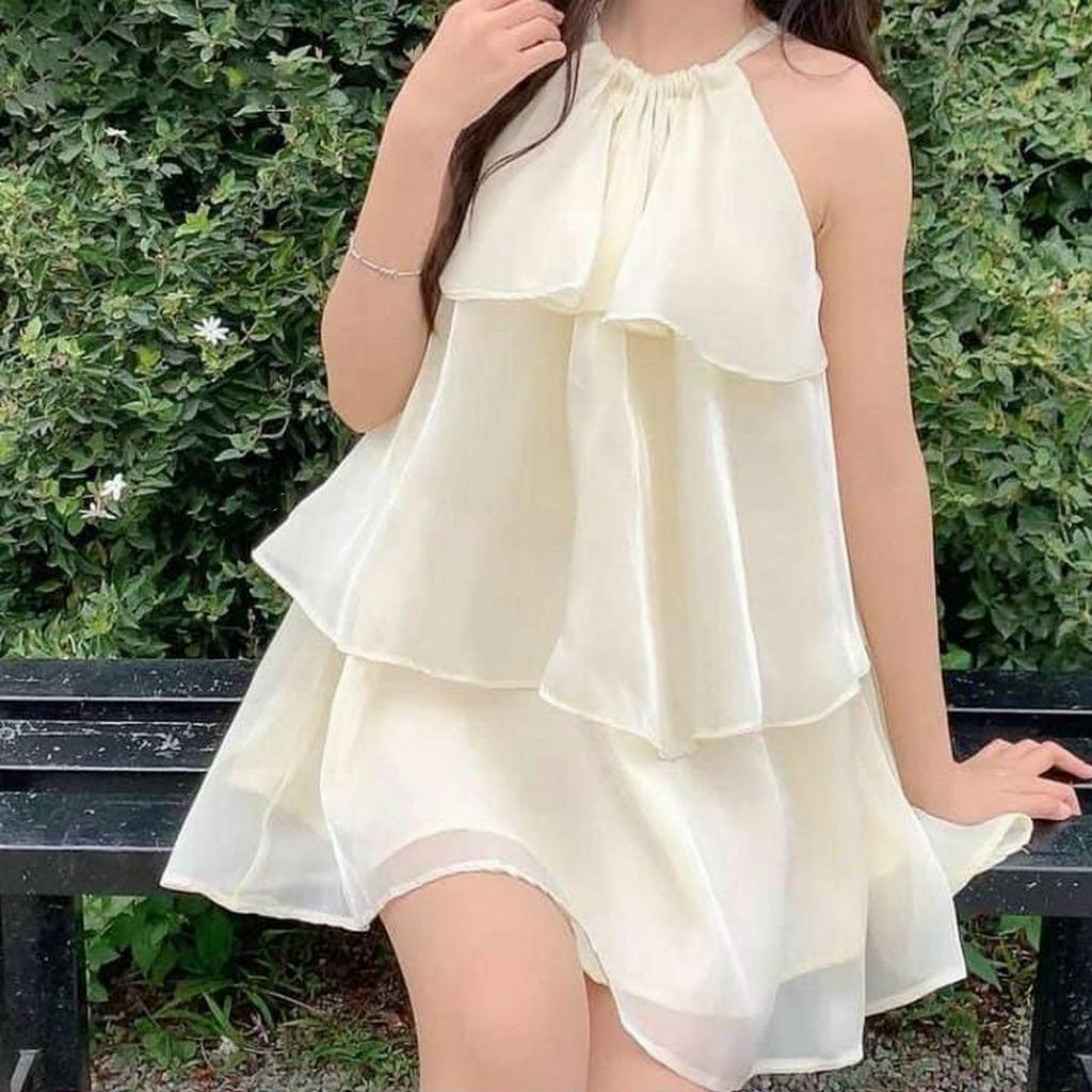 Váy nữ xinh, Váy babydoll chất tơ cổ yếm thắt nơ xòe tầng xinh xắn