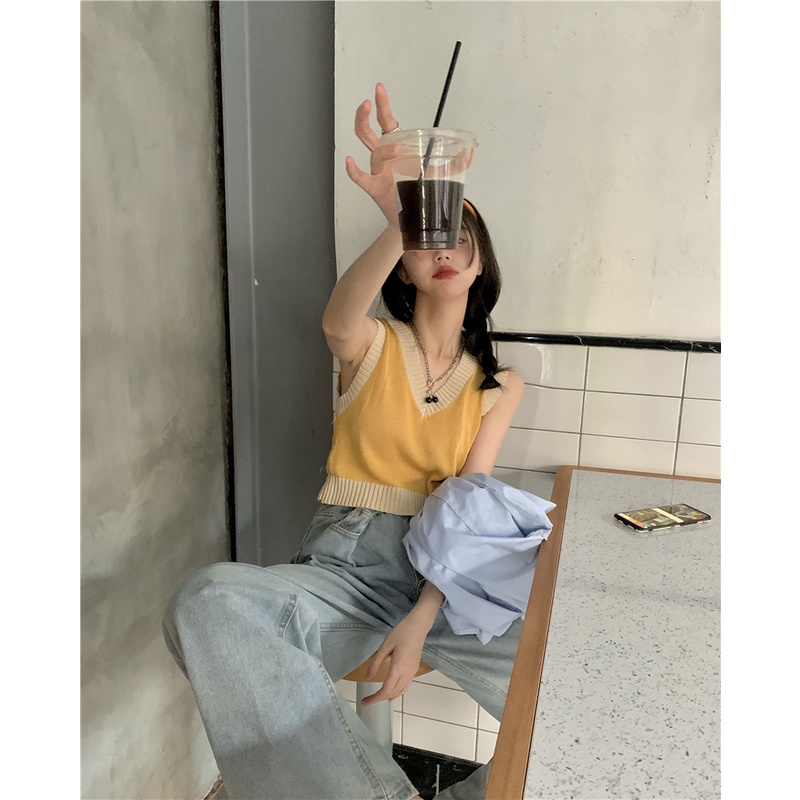 SUXI Áo Croptop Dệt Kim Sát Nách Cổ Chữ V Đơn Giản Thời Trang Phong Cách Hàn Quốc