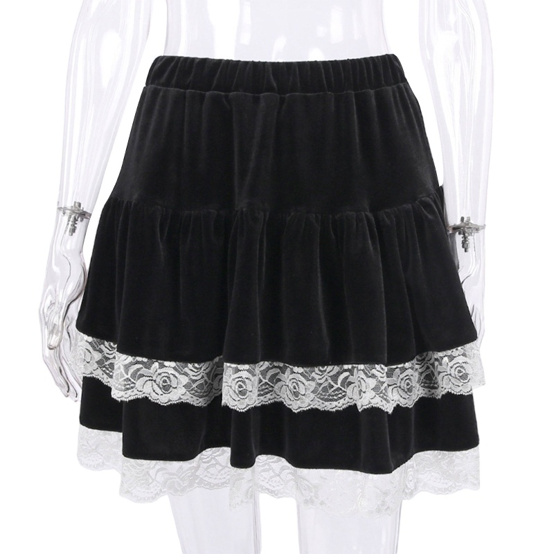 Brroa Chân Váy Nhung Xếp Ly Mini Lưng Cao Viền Ren Hai Lớp Phong Cách Gothic Punk Harajuku Cho Nữ