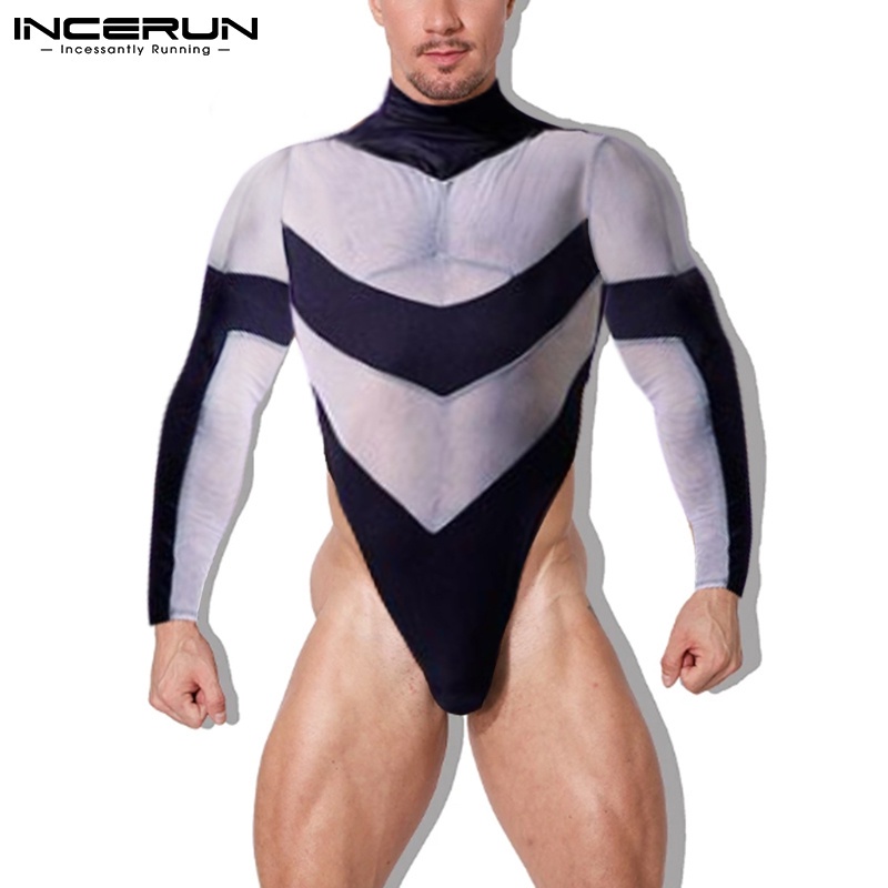 Áo liền quần INCERUN vải ghép nối xuyên thấu tay dài cổ cao cho nam