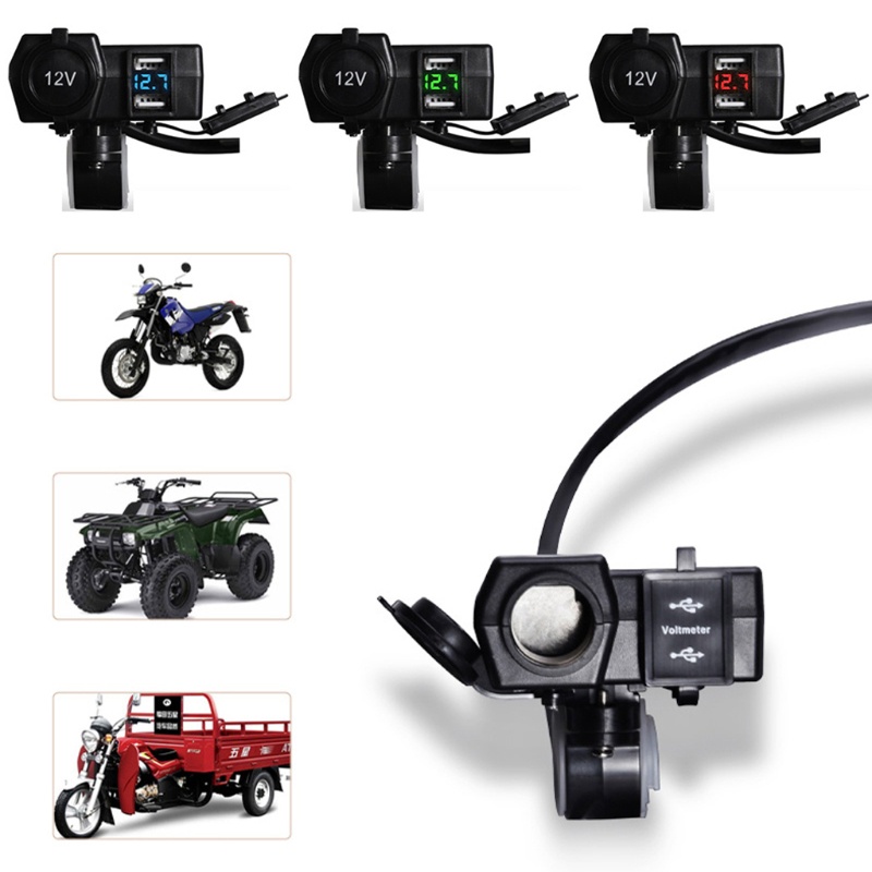 Thiết Bị Sạc USB Kép 12V Không Thấm Nước Tích Hợp Đèn LED Hiển Thị Vôn Kế Cho Xe Máy