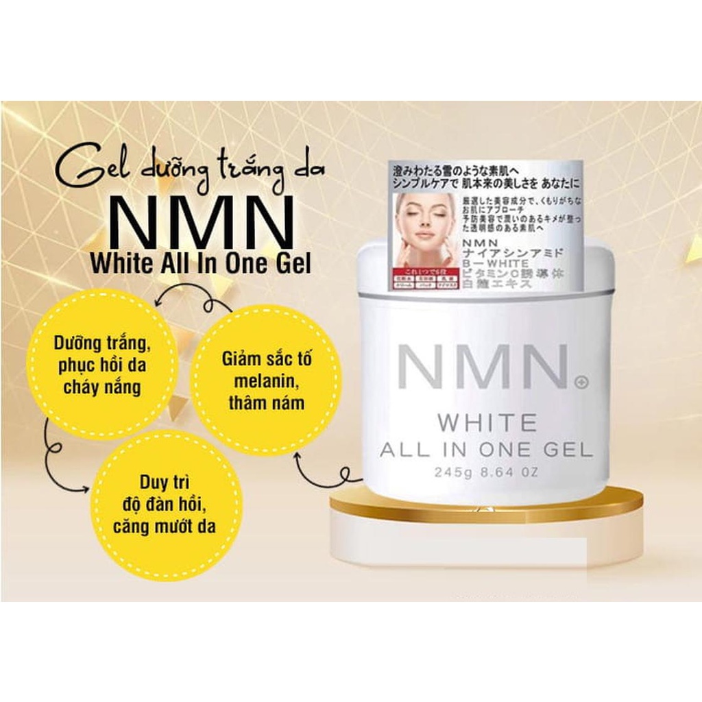 Gel dưỡng trắng NMN White All in one Nhật giúp giảm sự hình thành nếp nhăn phục hồi da tổn thương hũ 245g Kimochi