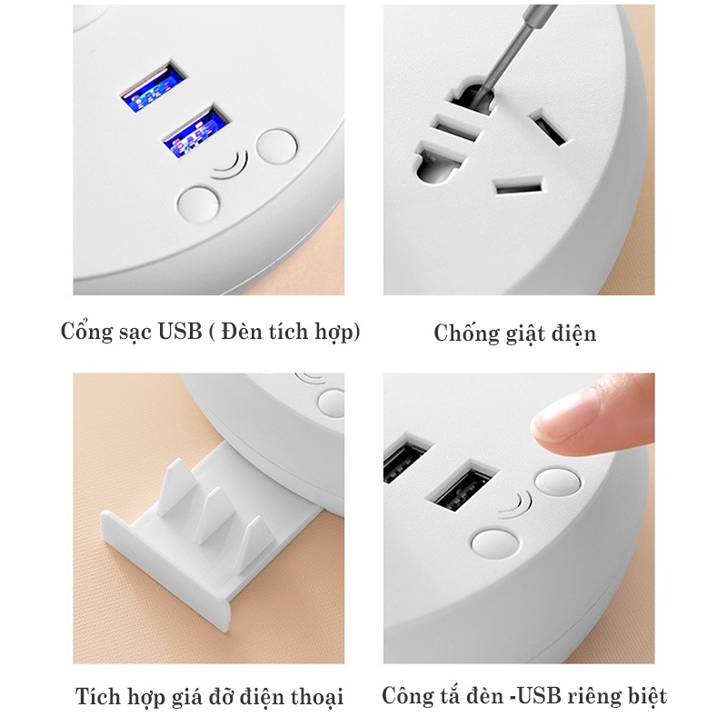 Đèn ngủ tích hợp ổ cắm điện kèm cổng sạc USB - đèn để bàn học thông minh cao cấp