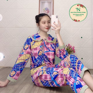 Pijama Tiểu Thư Tay Dài Phối Viền Màu, Đồ Bộ Tay Dài Vải Lụa Hàn Xịn Mịn Đẹp Siêu Mát,Freesize dưới 60kg