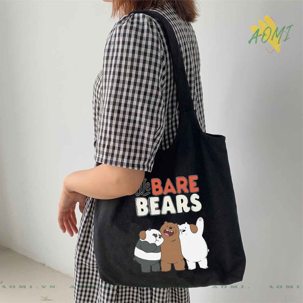 TOTE CANVAS GẤU WE ARE BEAR FORM TRÒN TÚI VẢI ĐEO VAI BAG NÚT BẤM SIZE LỚN AOMIVN DU LỊCH  MÀU ĐEN TRẮNG