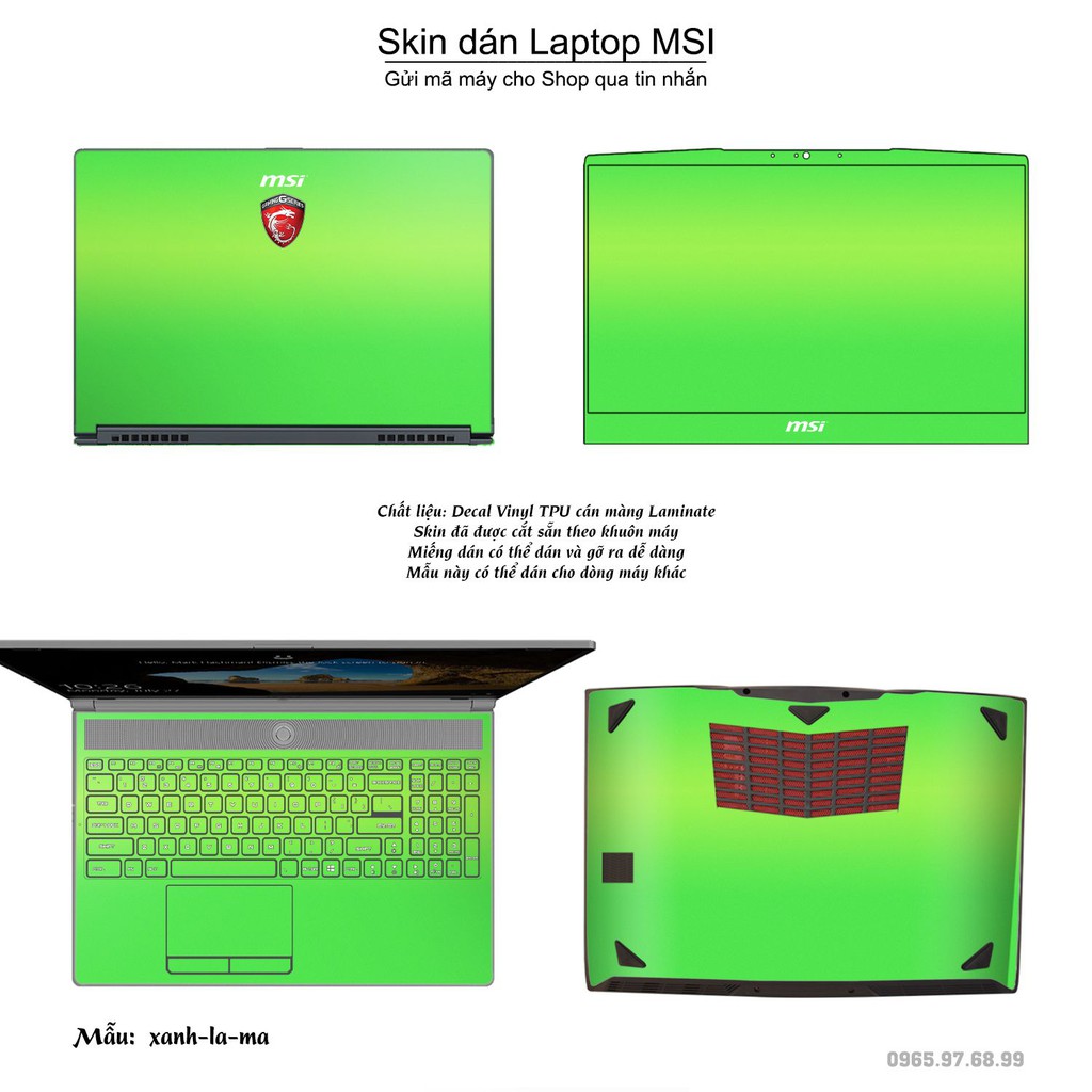 Skin dán Laptop MSI màu xanh lá mạ (inbox mã máy cho Shop)