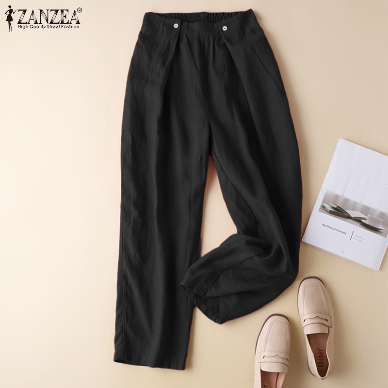 Quần dài ZANZEA ống rộng lưng thun màu trơn thời trang cho nữ