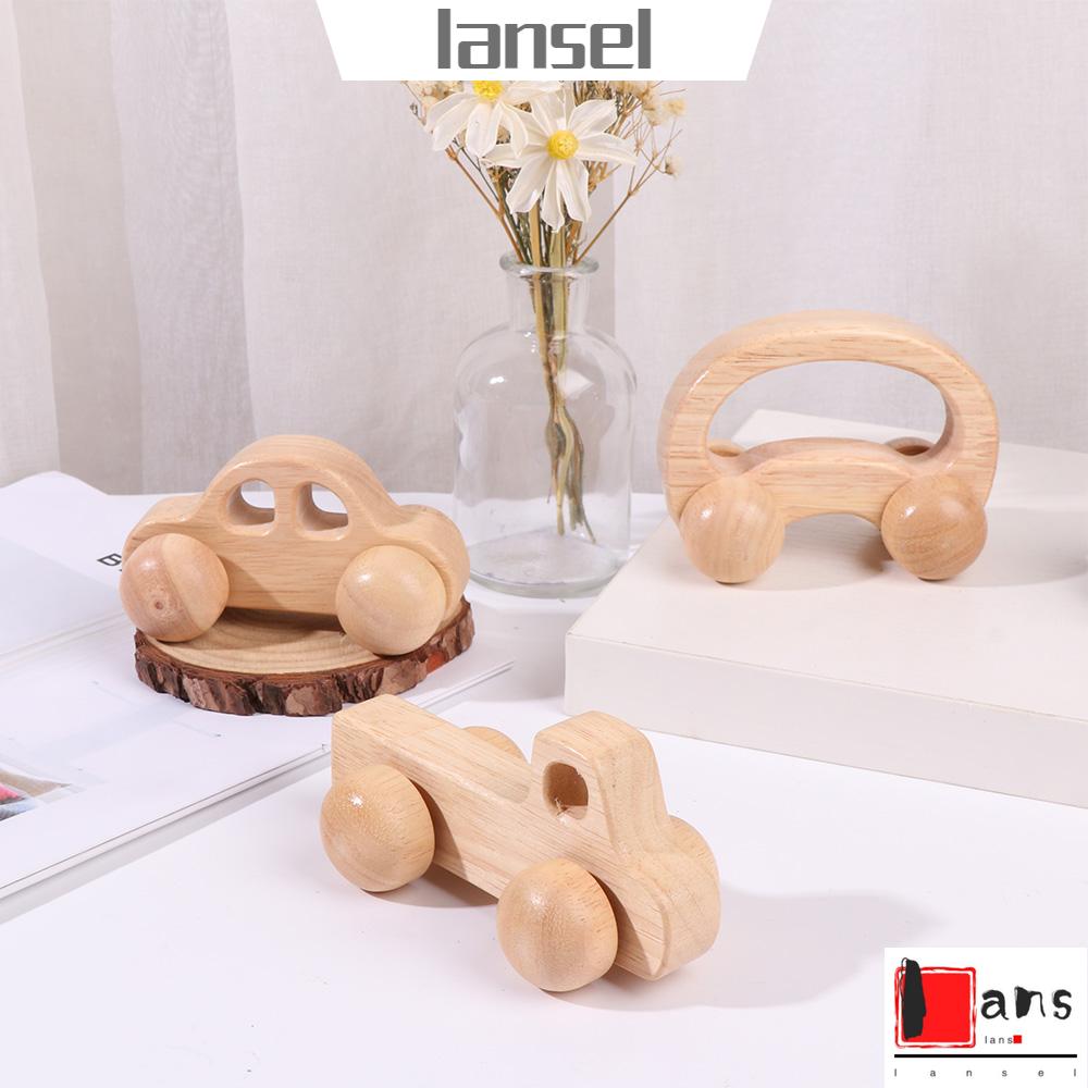 ❤LANSEL❤ Decoration Crafts Montessori Toys Cartoon Baby Teething Wooden Car Toys for Newborn Birthday Gift Hand Push Baby Educational Handwork Car Miniatures