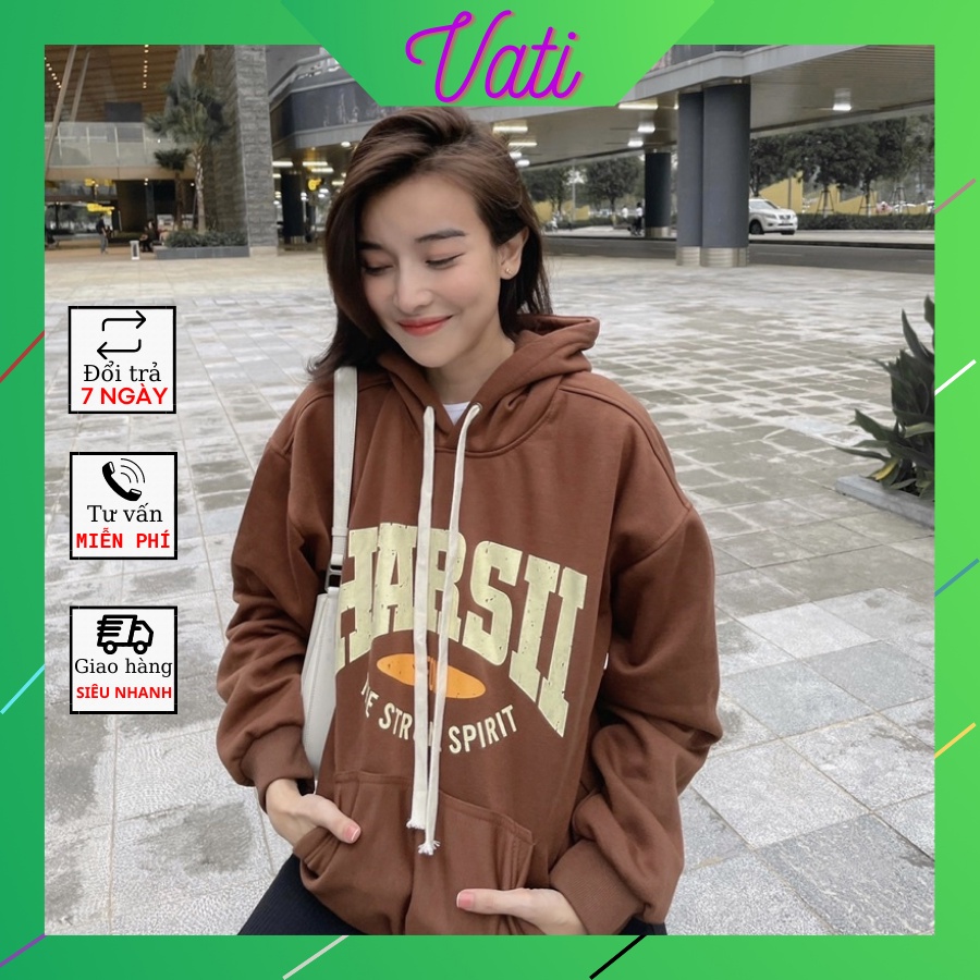 Áo Hoodie Nỉ bông Chữ Ngực HARSII, Áo hoodie mũ 2 lớp Form Rộng Tay Bồng, có 3 màu Đen, Xám, Nâu Vati shop