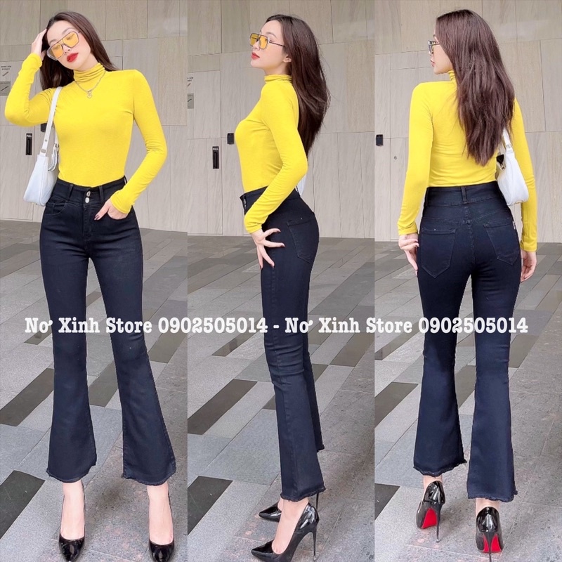 Quần jean ống loe 9 tấc lưng cao, quần bò nữ ống loe cạp cao dáng lửng màu đen