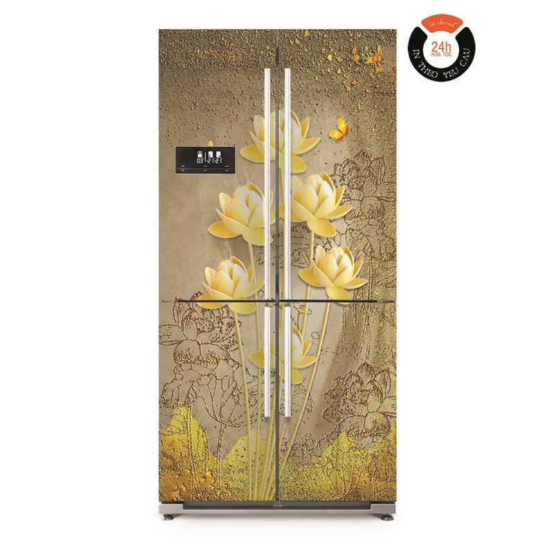 Decal dán Tủ lạnh lớn 4 cánh SEN VÀNG 3D SANG TRỌNG - SBS