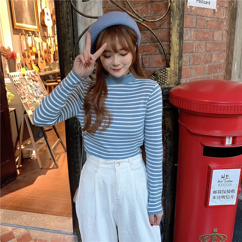 Áo dệt kim tay dài kẻ sọc ngang đơn giản phong cách Hàn Quốc