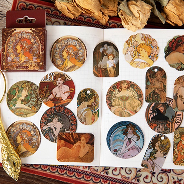 Bộ 46 Thẻ Dán Hình Nhân Vật Maria Mucha Phong Cách Retro