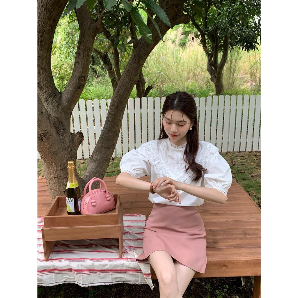 Áo Sơ Mi Trơn Cổ Đứng Ngắn Tay Phối Ren Cỡ Nhỏ Thời Trang Sành Điệu 62321