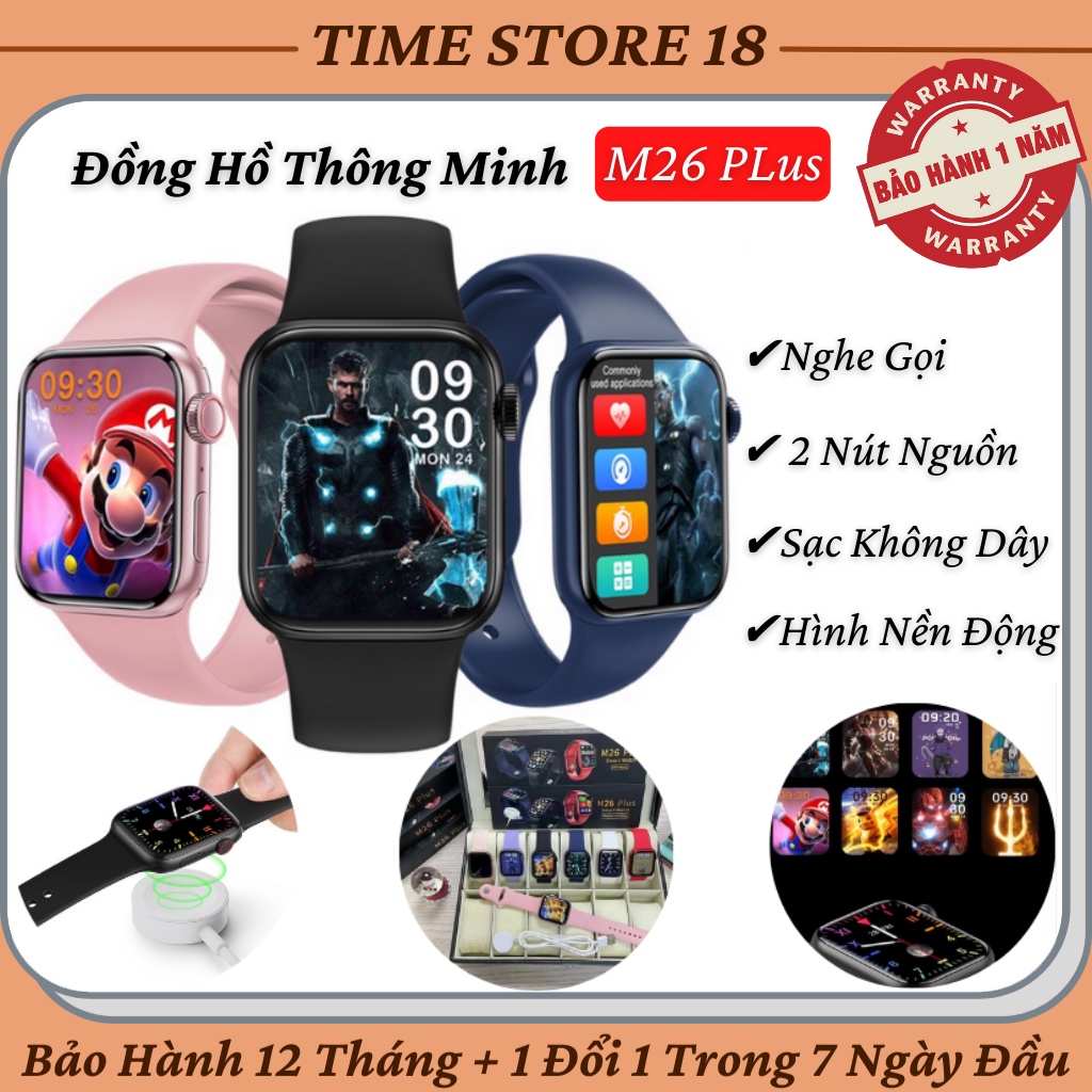 Đồng Hồ Thông Minh M26 Plus Bản Series 6 Pro Màn Hình Tràn Viền Cân Đối , Thay Đổi Hình Nền Tùy Ý , Nghe Gọi Trực Tiếp