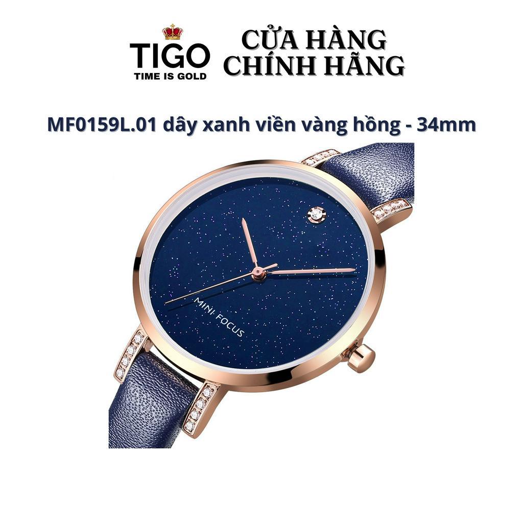 Đồng Hồ Nữ MINI FOCUS MF0159L.01 Dây Da Xanh Viền Vàng Hồng Thép Không Gỉ Cao Cấp Mặt Tròn Đường Kính 34mm Chống Nước
