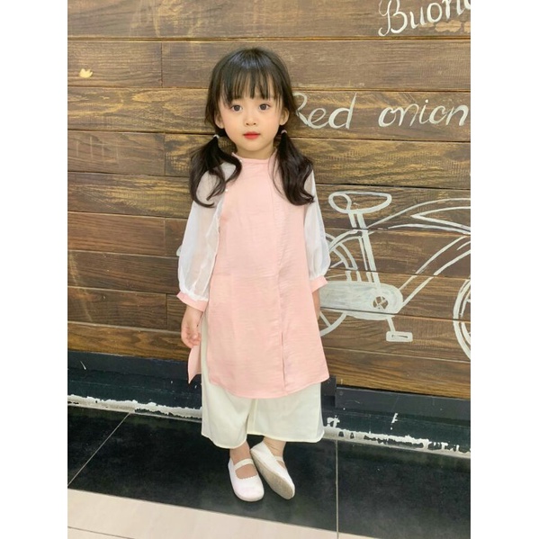 Set Áo dài lụa đính ngọc  - quần lụa xinh xắn cho bé gái