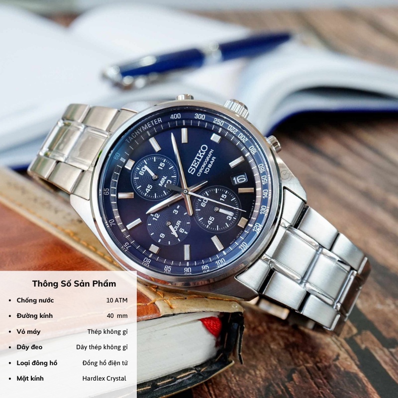 Đồng hồ Seiko Chronograp SSB37 nam bấm giờ thể thao Tachymeter chống nước 10 ATM dây thép cao cấp chính hãng