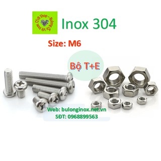 Vít pake đầu tròn inox size M6 (bộ T+ Ecu), ốc 4 cạnh đầu  cầu inox, ốc vặn tua vít đầu tròn thân bulong, inox 304