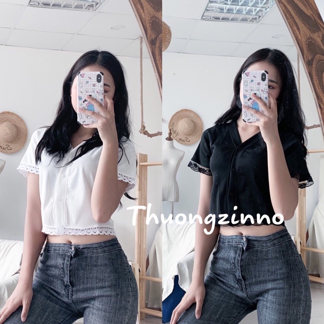 [Ảnh thật/Video] Áo croptop cúc mở viền ren áo croptop ngắn cổ tim