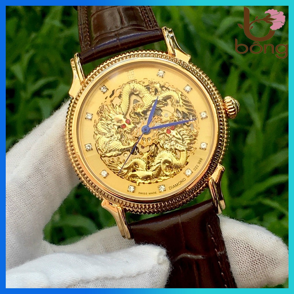 ⚡Ảnh Thật⚡Đồng Hồ Cơ Nam Automatic DIAMOND Dây Da Cao Cấp, Mặt Hình Song Long Thể Hiện Sự Sang Trọng Đẳng Cấp Doanh Nhân