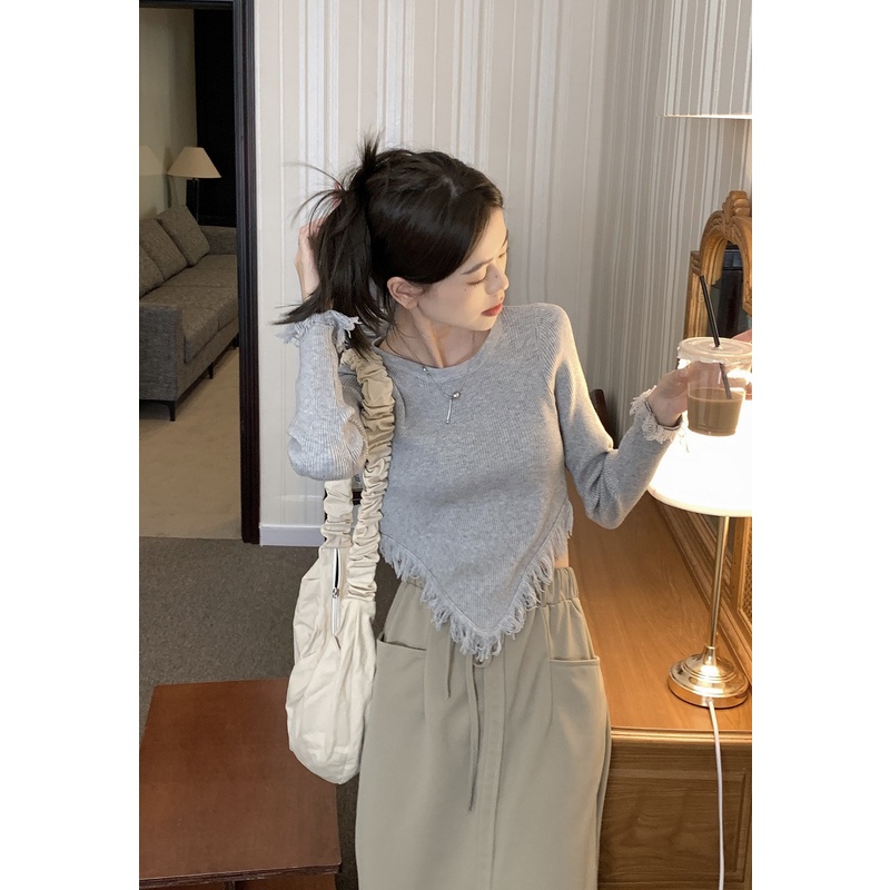 NUZIRO  Áo dệt kim  tay dài cổ tròn màu sắc đơn giản phong cách Hàn Quốc cho nữ