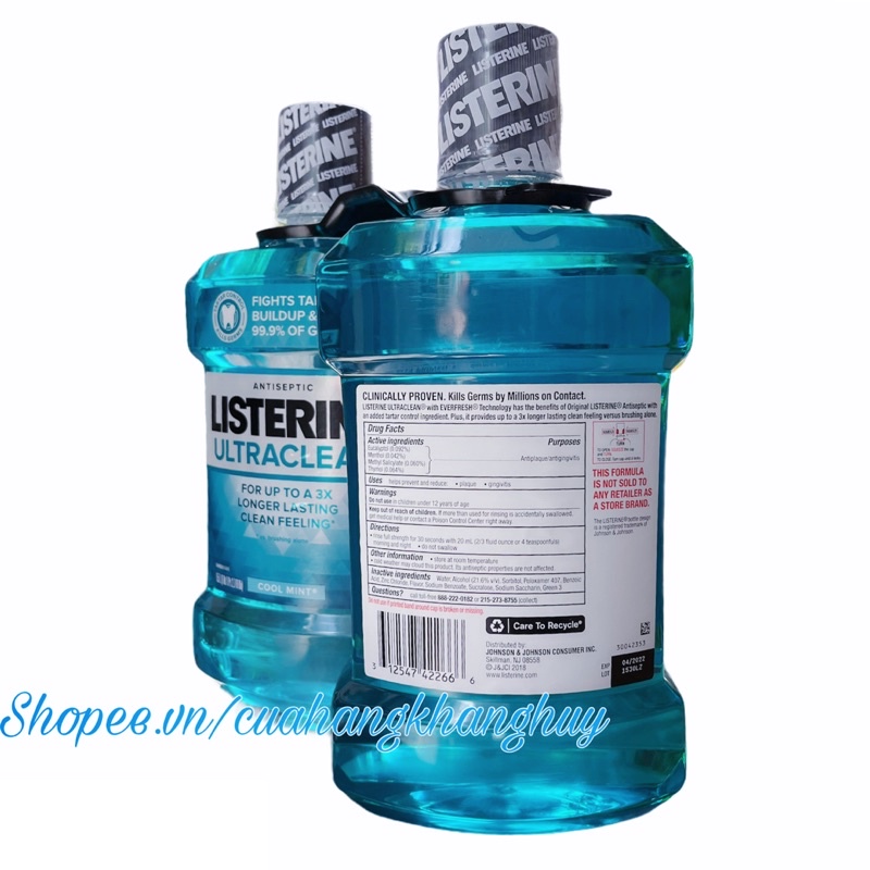 Nước súc miệng Listerine Ultraclean Antiseptic Cool Mint, 2 chai x 1.5 lít của Mỹ