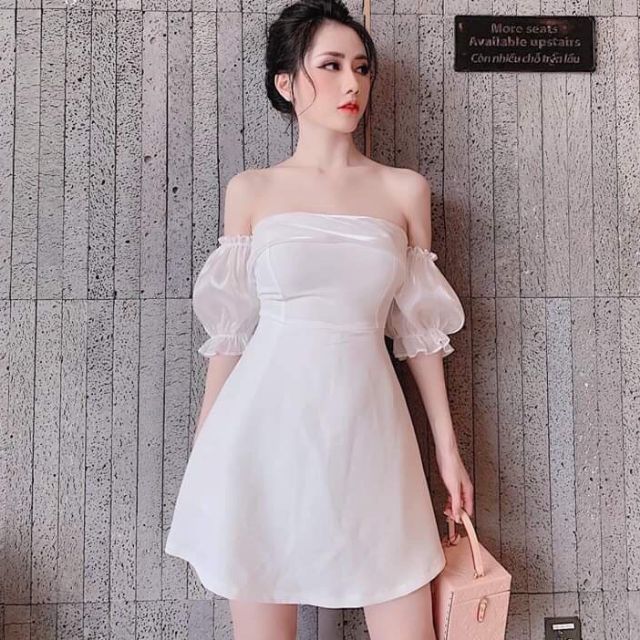 Đầm Trễ Vai Tay Phồng PHỐI Lưới Nữ Tính