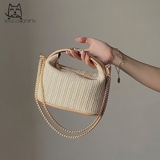 Túi Xách Đan Rơm Cầm Tay Phối Da Thiết Kế Xinh Xắn Hợp Thời Trang