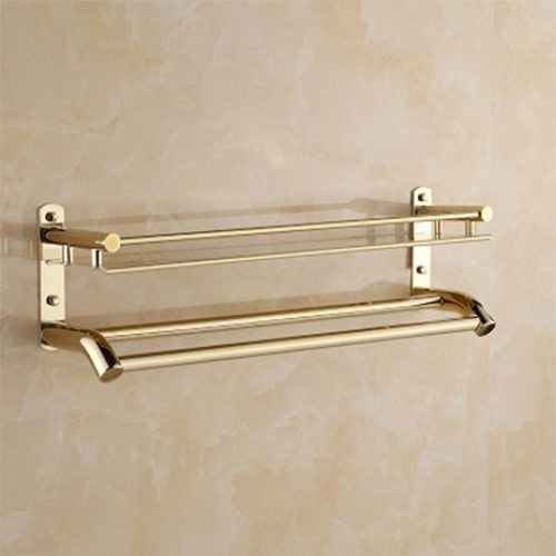 Kệ gắn tường nhà tắm, kệ để đồ phòng tắm 2 tầng vừa để đồ vừa treo khăn tắm, khăn mặt kim loại mạ sang trọng, bền đẹp | BigBuy360 - bigbuy360.vn