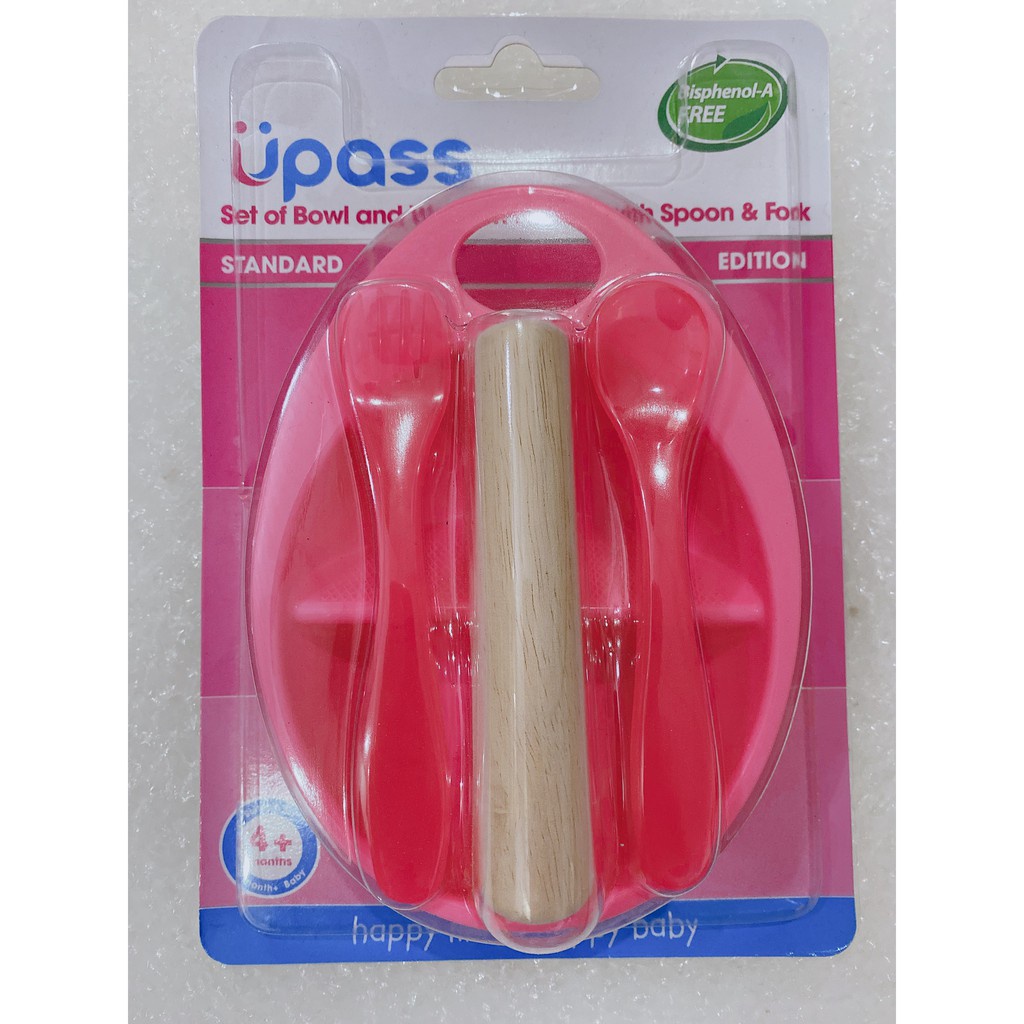 Bộ Bát Nghiền Thức Ăn Bằng gỗ kèm thìa dĩa Upass Thái Lan