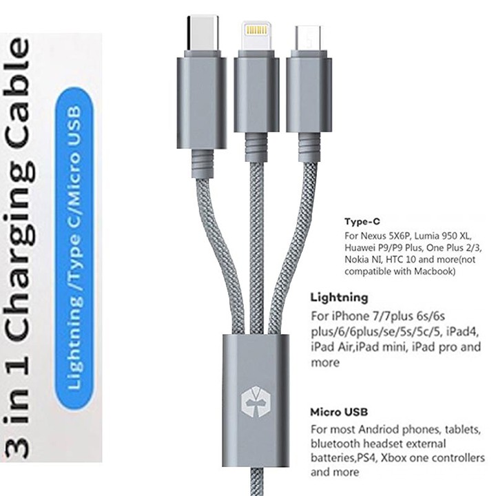 Cáp sạc 3 đầu SIÊU BỀN 3in1 Charging Cable tương thích Lightning – Micro USB – USB Type C