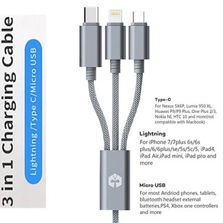 Cáp sạc 3 đầu SIÊU BỀN 3in1 Charging Cable tương thích Lightning – Micro USB – USB Type C