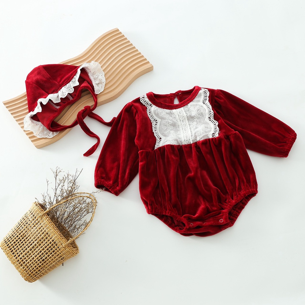 Body nhung đỏ bèo trắng ngực kèm mũ Hàn Quốc tiểu thư xinh xắn cho bé diện Noel, diện Tết, tiệc đầy tháng thôi nôi