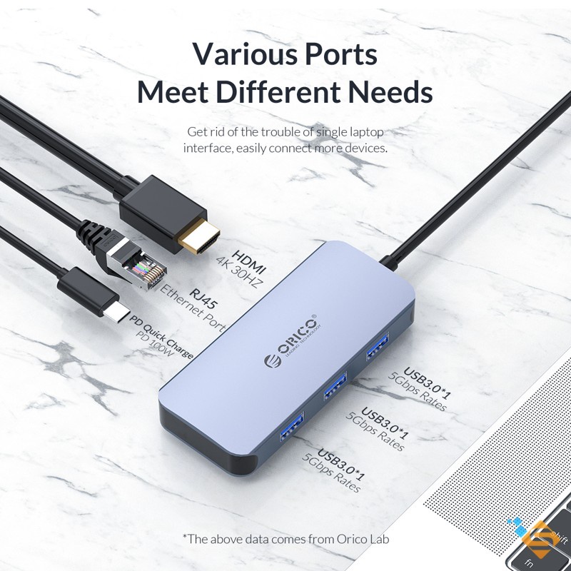 Bộ Chia HUB Type-C 6 Trong 1 USB 3.0 + HDMI + PD 100W + TF/SD Hoặc RJ-45 Gigabit Cho MacBookLaptop  - BH 1 Năm