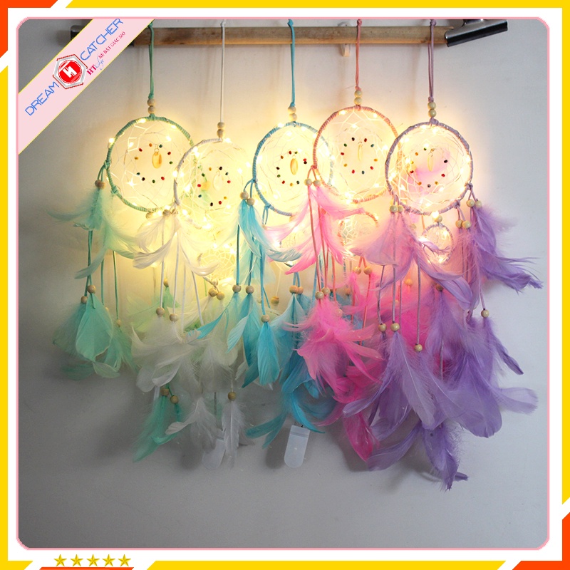 Đèn LED Vòng bắt giấc mơ Dreamcatcher Freeship Phụ kiện trang phí phòng ngủ Chuông gió treo cửa có lông vũ trang trí