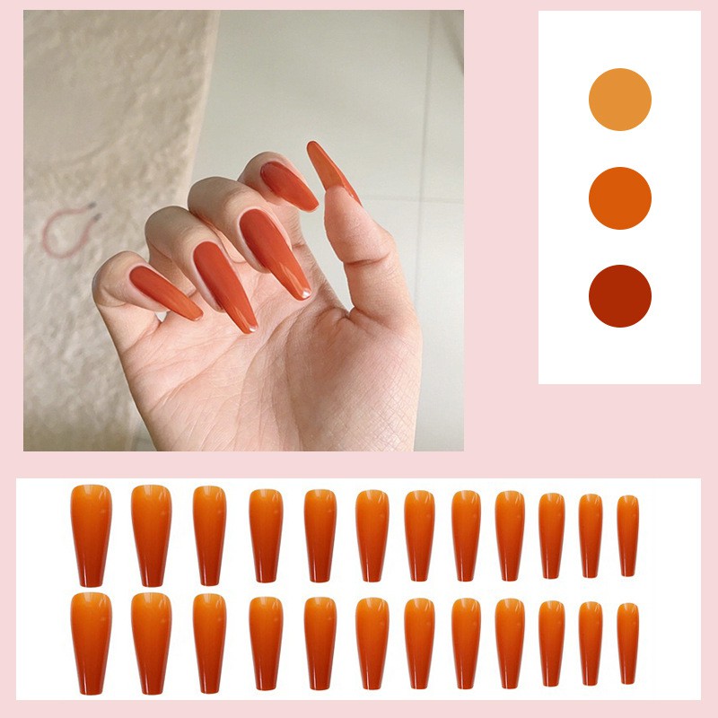 Bộ 24 móng tay giả màu cam dáng dài 3D chống thấm nước (tặng keo dán)