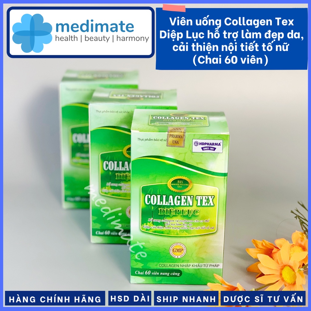 Viên uống Collagen TEX Diệp lục giúp làm đẹp da, làm chậm lão hóa, cải thiện nội tiết tố nữ (Chai 60 viên)