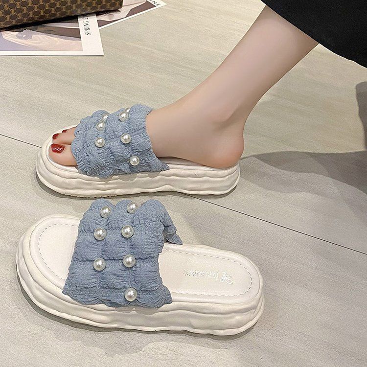 Dép Quai Ngang Đính Ngọc Trai Sang Trọng Chống Trượt Thời Trang Cho Nữ