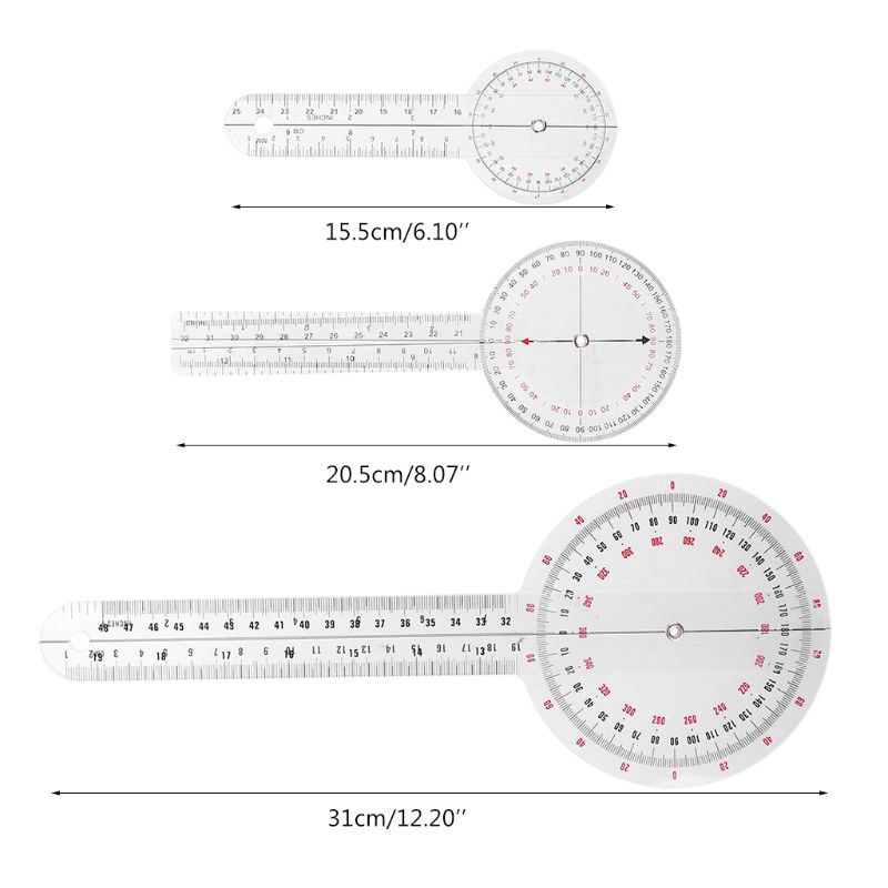 dark* 3Pcs/Set Physio Goniometer Angle Protractor Inch Ruler Joint Bend Measure Clear