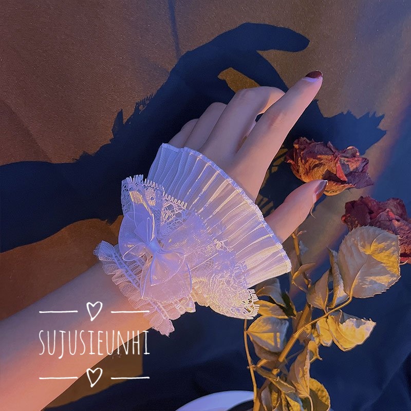 (2 mẫu, 2 màu) bộ 2 chiếc vòng đeo tay ren voan dáng xòe may xếp tầng phong cách lolita