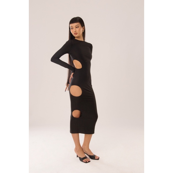 DAPHALE - Đầm Thun Dài Khoét Lỗ Ôm Sát Cổ Tròn Tay Dài Candi