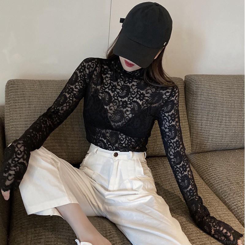 Áo vải ren tay dài cổ lọ phong cách thanh lịch
