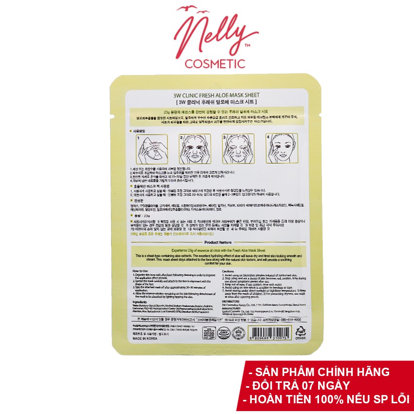 (❤️GIÁ KHUYẾN MÃI❤️) COMBO 05 Mặt nạ dưỡng da chiết xuất nha đam 3W CLINIC FRESH ALOE MASK SHEET 23ml