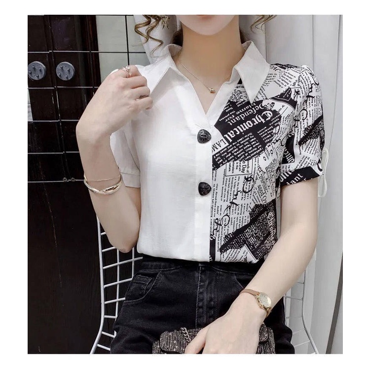Áo Sơ Mi Chiffon Tay Ngắn Cổ Bẻ Ghép Vải In Họa Tiết Thiết Kế Mới Phong Cách Hàn Quốc Thời Trang Mùa Hè Cho Nữ