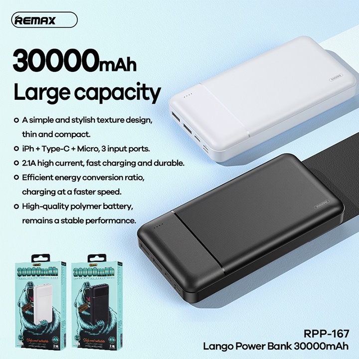 [Mã 153ELSALE2 giảm 7% đơn 300K] Pin Sạc Dự Phòng Remax RPP-167 30000mAh Fast Charing 2.1A Chính Hãng